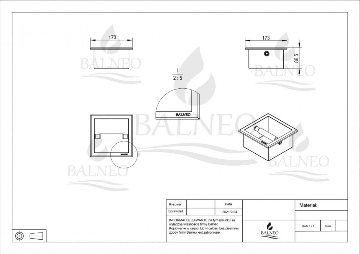 BALNEO WALL-BOX PAPER 1 BLACK - UCHWYT NA PAPIER WBUDOWYWANY W ŚCIANĘ, CZARNY