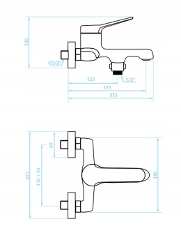 KUCHINOX VILLA BVK 010D - BATERIA WANNOWA ŚCIENNA Z PRZEŁĄCZNIKIEK NA DOLE CHROM