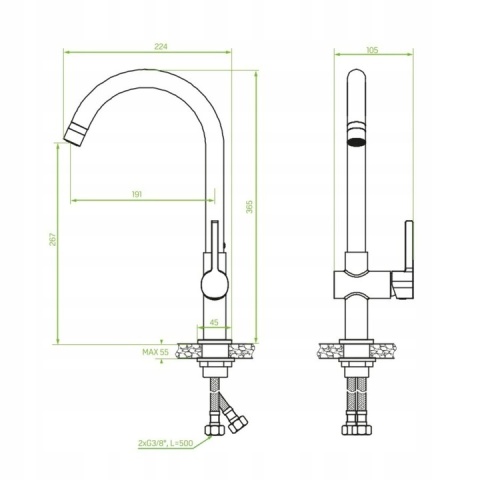 LAVEO ALITA BVA 768D - BATERIA ZLEWOZMYWAKOWA Z WYSOKĄ WYLEWKĄ U CZARNA MOSIĄDZ