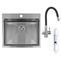 LAVEO MALAWI SLMA010F - ZLEWOZMYWAK STALOWY WPUSZCZANY Z BATERIĄ FILTRUJĄCĄ WODĘ 1-KOMOROWY 58X50 CM INOX Z SYFONEM