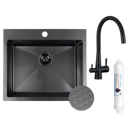 LAVEO MALAWI SLMA710F - ZLEWOZMYWAK STALOWY WPUSZCZANY Z BATERIĄ FILTRUJĄCĄ WODĘ 1-KOMOROWY 58X50 CM CZARNY Z SYFONEM