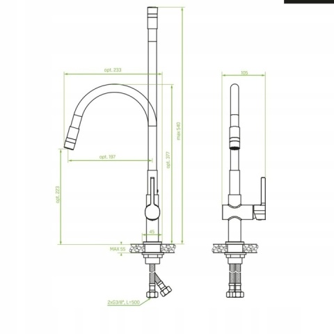 LAVEO ALITA BVA 362D - BATERIA ZLEWOZMYWAKOWA Z ELASTYCZNĄ WYLEWKĄ STAL SZCZOTKOWANA INOX 2-FUNKCYJNA