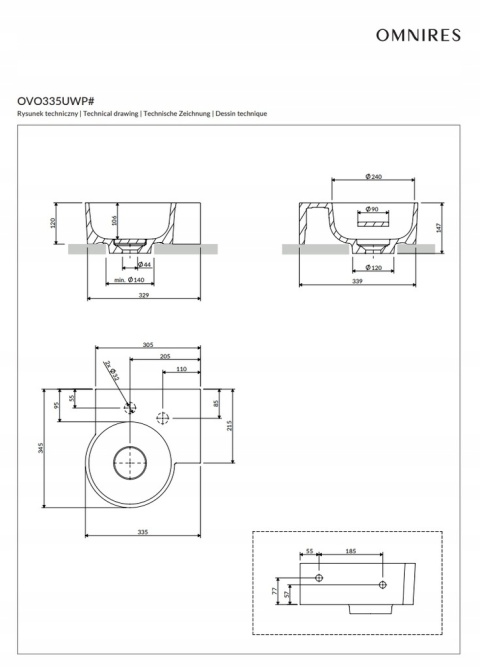 OMNIRES OVO M+ OVO335UWPBP - UMYWALKA NABLATOWA NAROŻNA WISZĄCA PRAWA BIAŁY POŁYSK 33x34