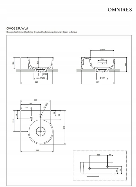 OMNIRES OVO M+ OVO335UWLBP - UMYWALKA NABLATOWA NAROŻNA WISZĄCA BIAŁY POŁYSK 33x34