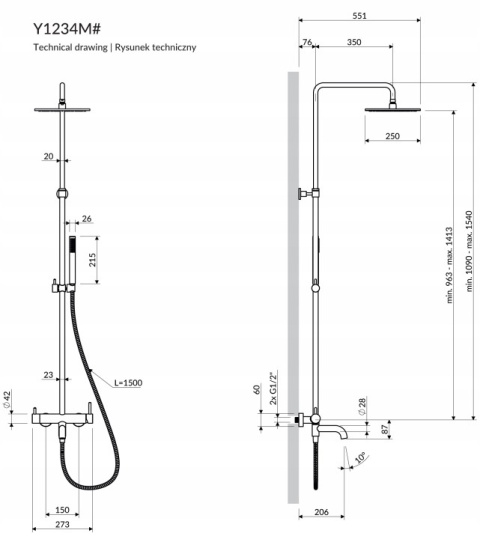 OMNIRES Y Y1234MGR - KOLUMNA PRYSZNICOWA WANNOWA GRAFITOWA Z WYLEWKĄ WANNOWĄ