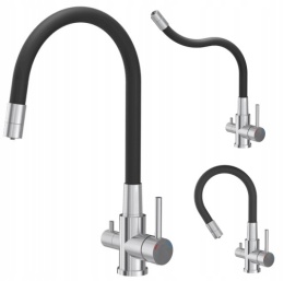 QUADRON AGNES 52141BS - BATERIA KUCHENNA STALOWA TRÓJDROŻNA Z ELASTYCZNĄ WYLEWKĄ CZARNĄ DO FILTRA WODY