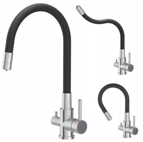 QUADRON AGNES 52141BS - BATERIA KUCHENNA STALOWA TRÓJDROŻNA Z ELASTYCZNĄ WYLEWKĄ CZARNĄ DO FILTRA WODY