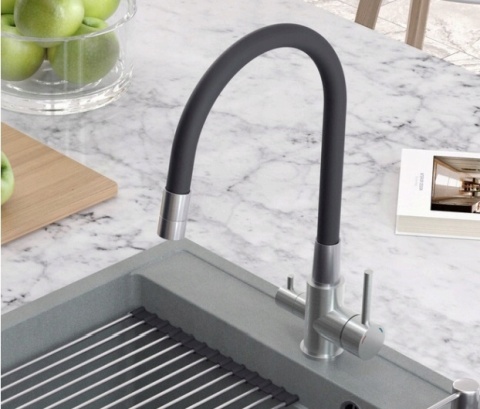 QUADRON AGNES 52141BS - BATERIA KUCHENNA STALOWA TRÓJDROŻNA Z ELASTYCZNĄ WYLEWKĄ CZARNĄ DO FILTRA WODY