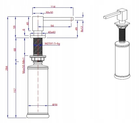 QUADRON EMMA MFT002-PVDC - DOZOWNIK WPUSZCZANY DO PŁYNU KWADRATOWY MIEDZIANY 500ML