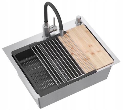QUADRON LUKE 110 ZH5845BS_3323503BL - ZLEWOZMYWAK 1-KOMOROWY STALOWY WPUSZCZANY Z BATERIĄ ELASTYCZNĄ I AKCESORIAMI 58x45 CM