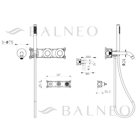BALNEO BATERIA WANNOWA PODTYNKOWA 4-OTWOROWA CZARNY MAT CASCADE MODEL 3 BLACK