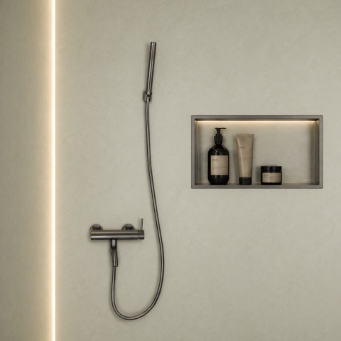 BALNEO BATERIA WANNOWA ŚCIENNA Z RUCHMOĄ WYLEWKĄ I ZESTAWEM PRYSZNICOWYM GRAFIT SZCZOTKOWANY CASCADE MODEL 1 GUN METAL