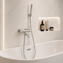 BALNEO BATERIA WANNOWA ŚCIENNA Z RUCHMOĄ WYLEWKĄ I ZESTAWEM PRYSZNICOWYM INOX SZCZOTKOWANY CASCADE MODEL 1 INOX