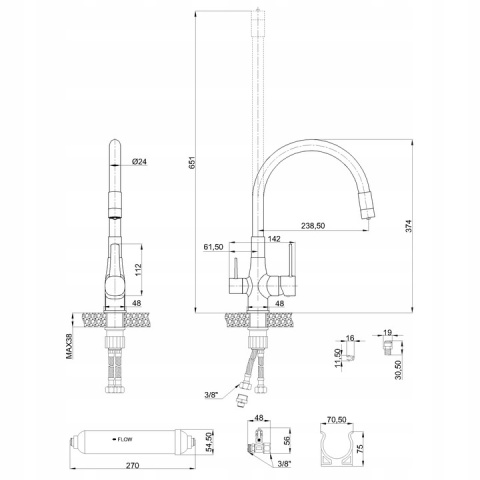 INVENA GLMAOUR BZ-02-F15 - BATERIA KUCHENNA Z PODŁĄCZENIEM FILTRA WODY MIEDZIANA ELASTYCZNA WYLEWKA