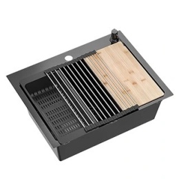 QUADRON LUKE 110 ZH5845PVDBLM - ZLEWOZMYWAK 1-KOMOROWY STALOWY WPUSZCZANY CZARNY 58x45 CM Z SYFONEM I AKCESORIAMI